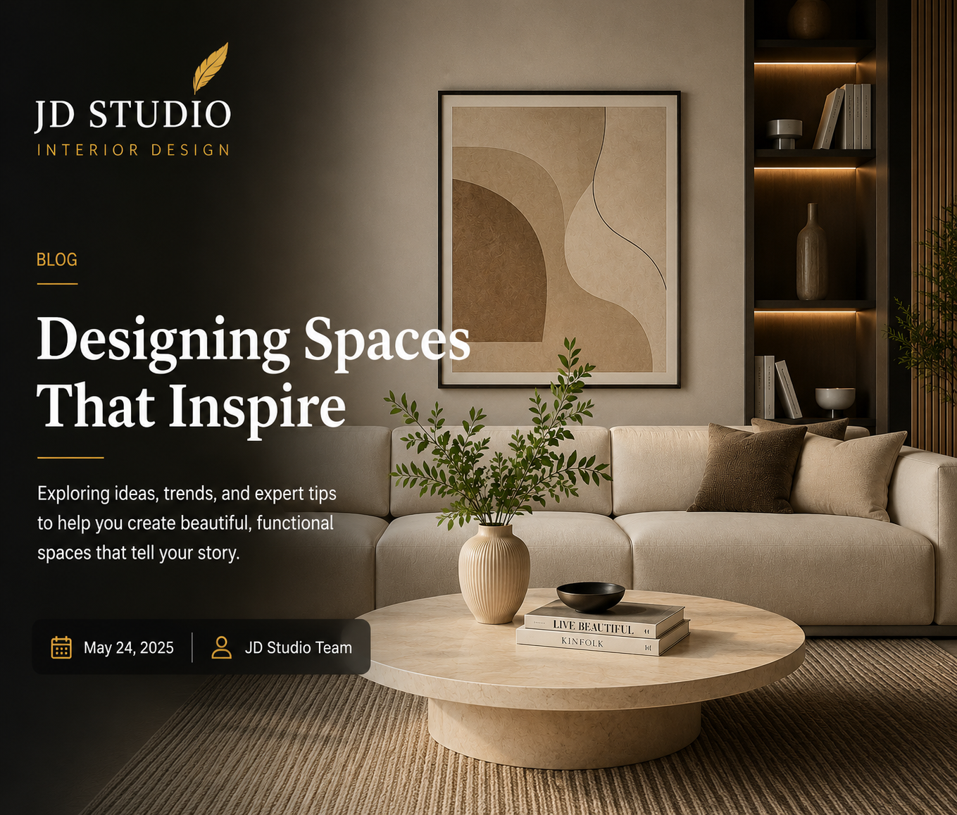 Beautiful modern Vadodara home interior blending contemporary design with Vastu principles: open-plan living room with northeast natural light, furniture arranged per Vastu zones, earthy textures, brass accents, rangoli-inspired floor patterns, and a contemporary puja corner. Clean lines, uncluttered space, smart technology integration, natural materials like wood and stone, warm inviting atmosphere reflecting cultural harmony.